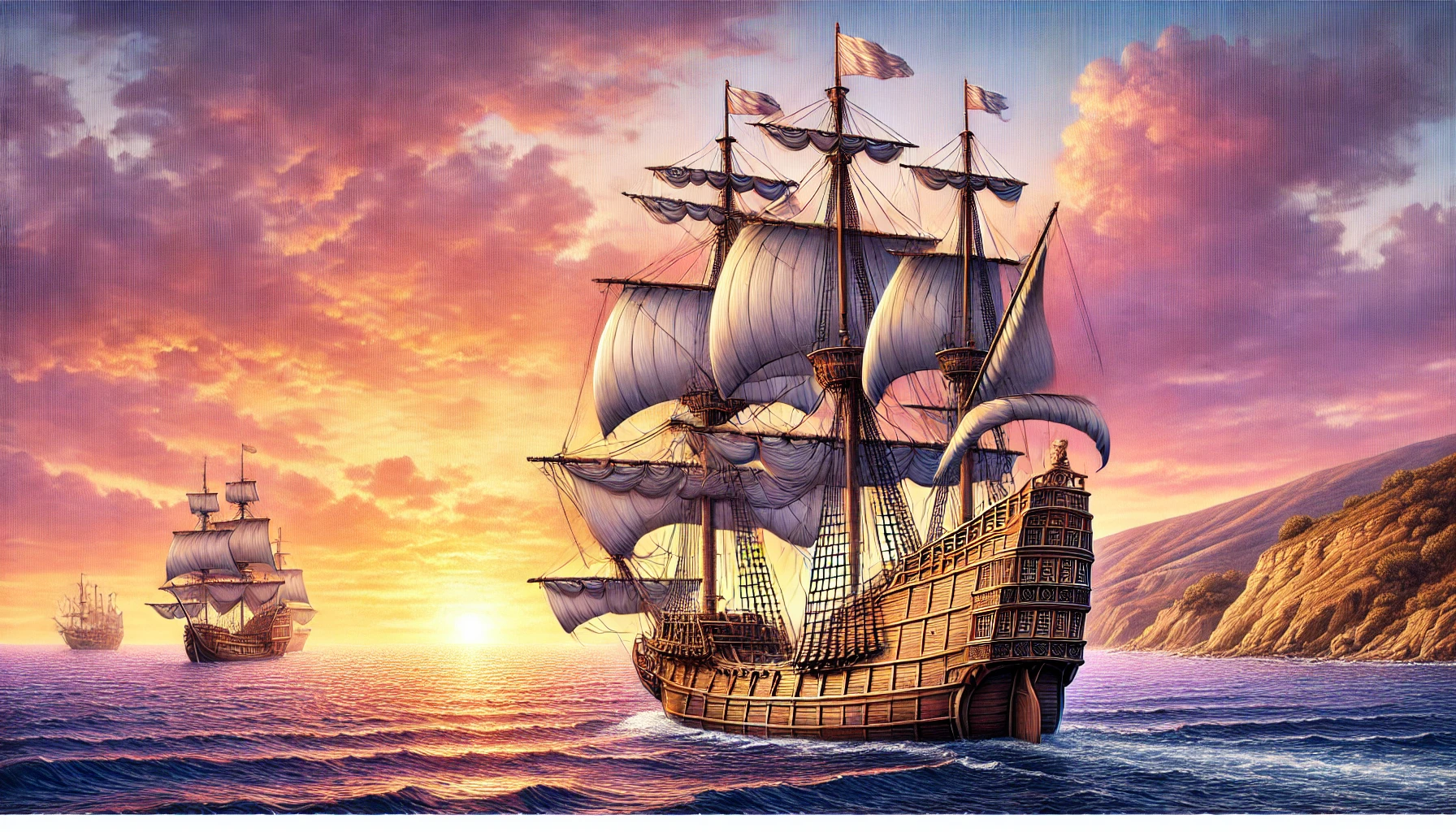 Wooden sailing ship on the Mediterranean Sea during the 1600s, with tall masts, fully unfurled sails, and a vibrant sunset reflecting on calm waters, framed by distant coastal cliffs.